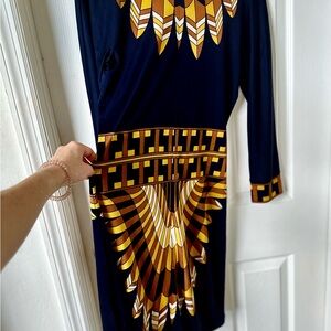 Tory Burch Womens Navy Blue Silk Sheath Dress Long Sleeve Geometric Print Dress